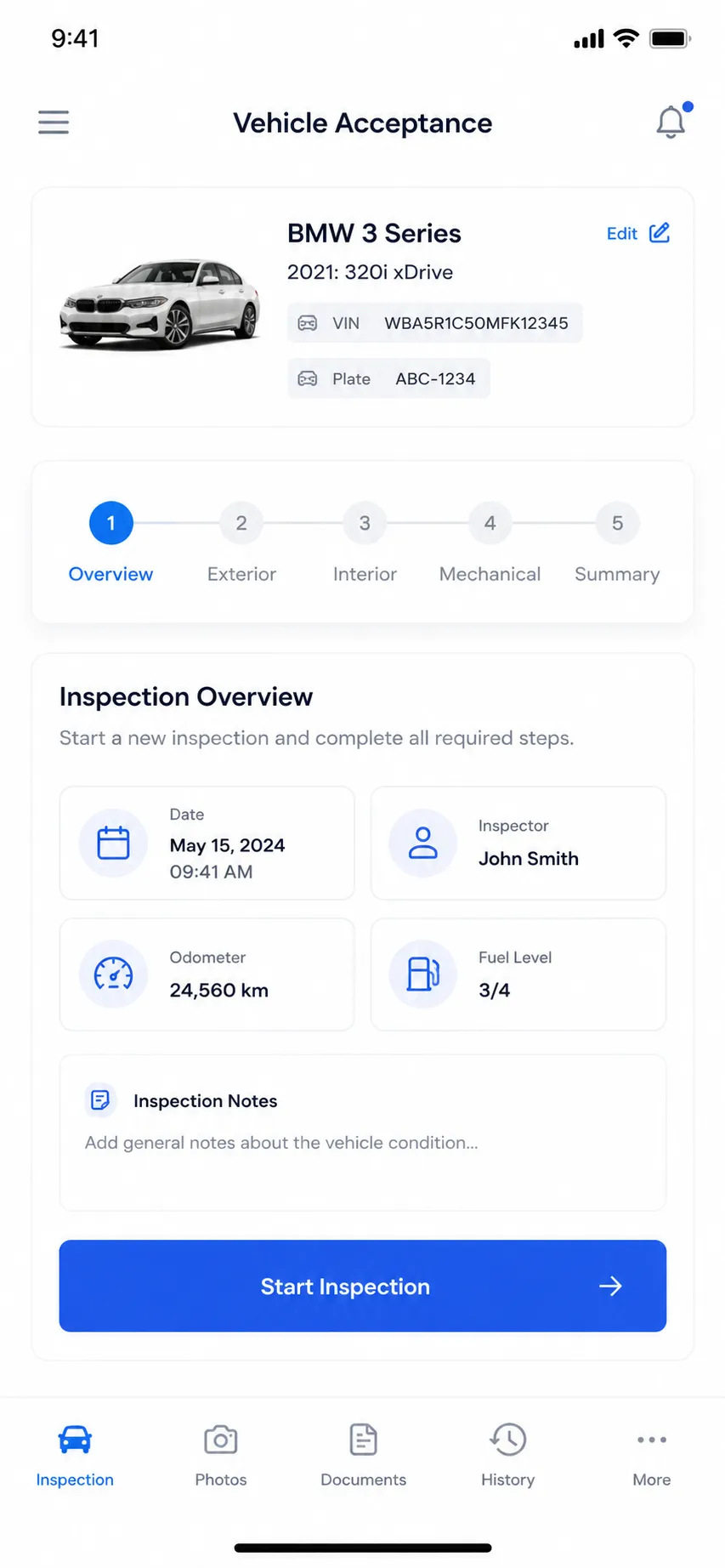aazparts mobile inspection wizard for a BMW 3 Series with a Start Inspection button